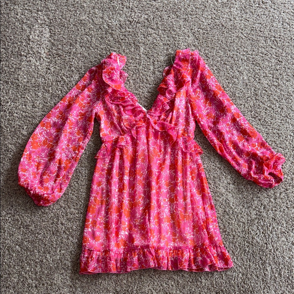 Aakaa pink and orange floral long sleeve mini dress size large